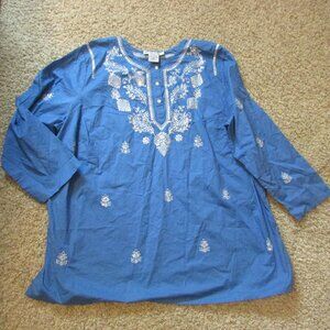 NEW Denim 24/7 Blue Sequin White Embroidered 28W Tunic Top Cotton Partial Button